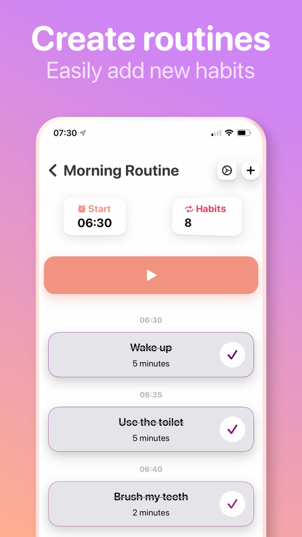 Routine planner screen with morning and evening routines in Awakee