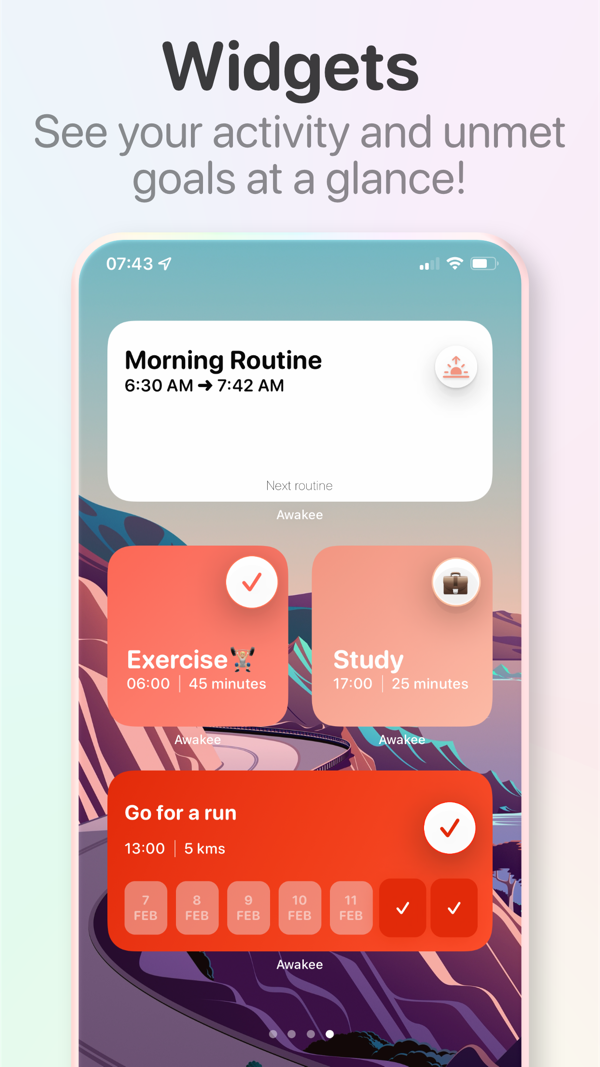 iPhone home screen widgets showing habit streaks from Awakee